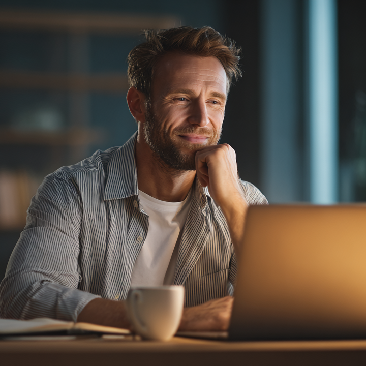 Professional sitting at a laptop, thinking through work with support from a custom AI assistant