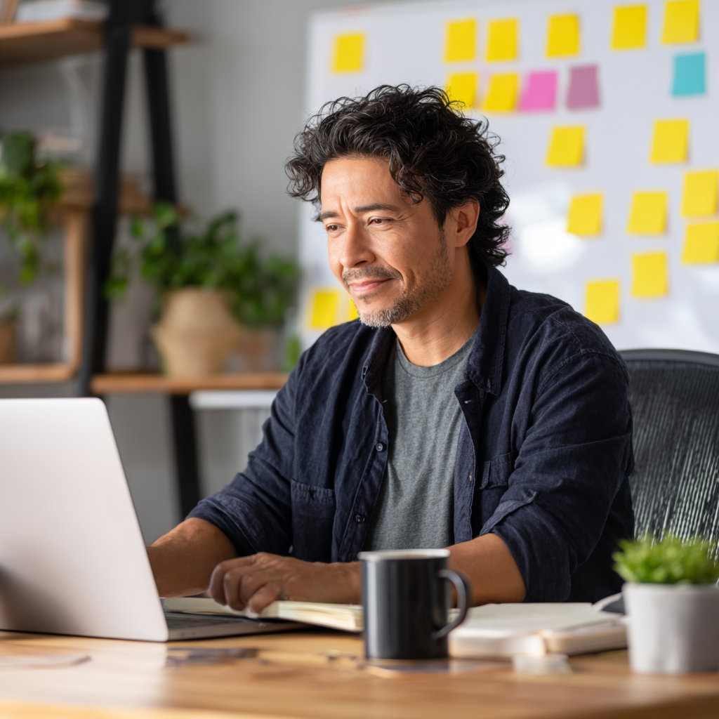 Professional working at a laptop with coffee, focused and calm, turning notes into clear next steps.
